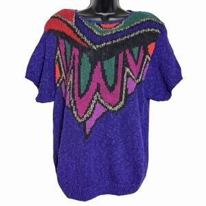 VTG 80s 90 CERVELLE SWEATER PURPLE MULTICOLOR ABSTRACT GOLD EMBELLISHED RETRO 1X